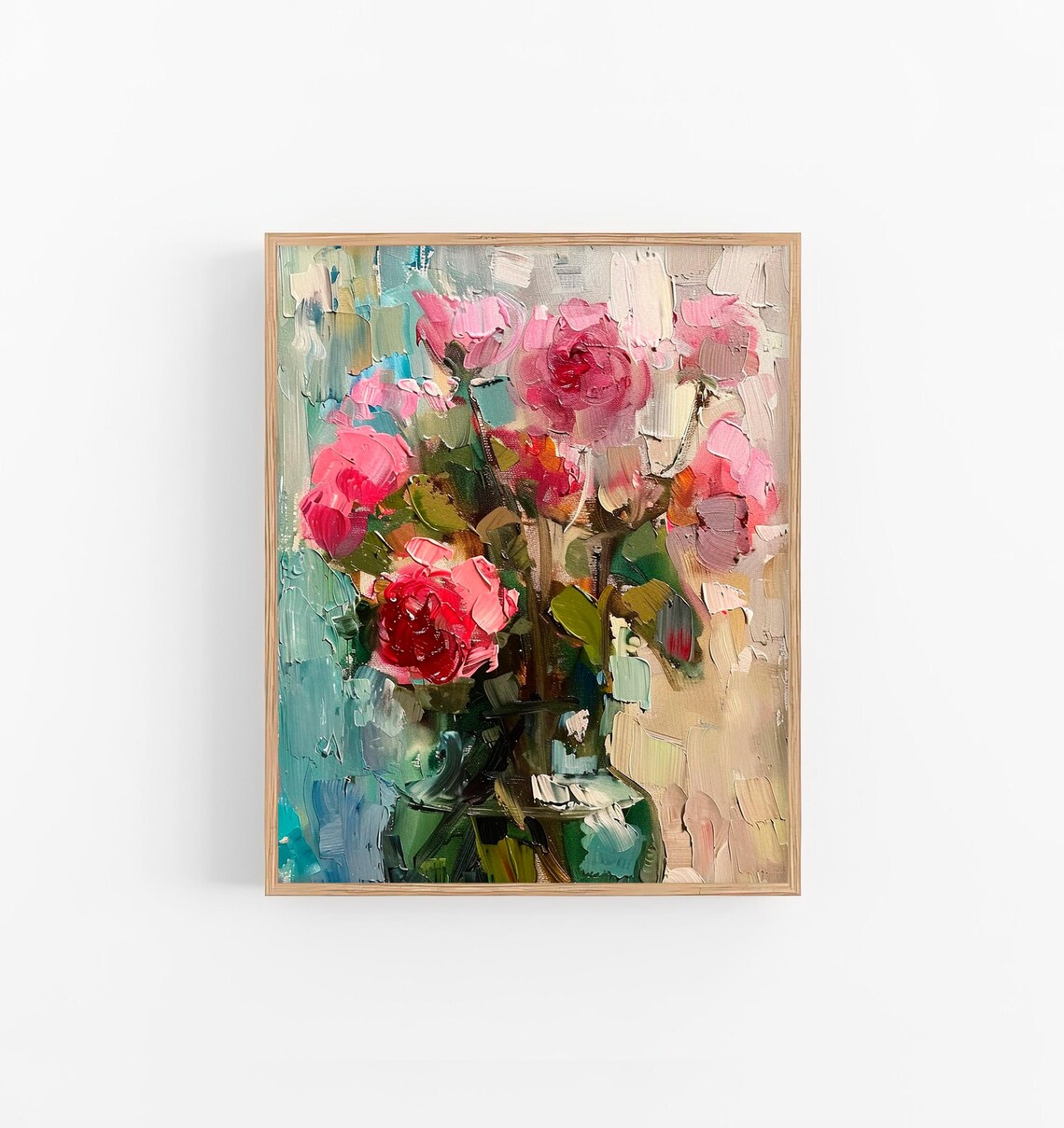 Peonies Oil Painting Pink Bouquet Glass Vase Impasto Floral Poster