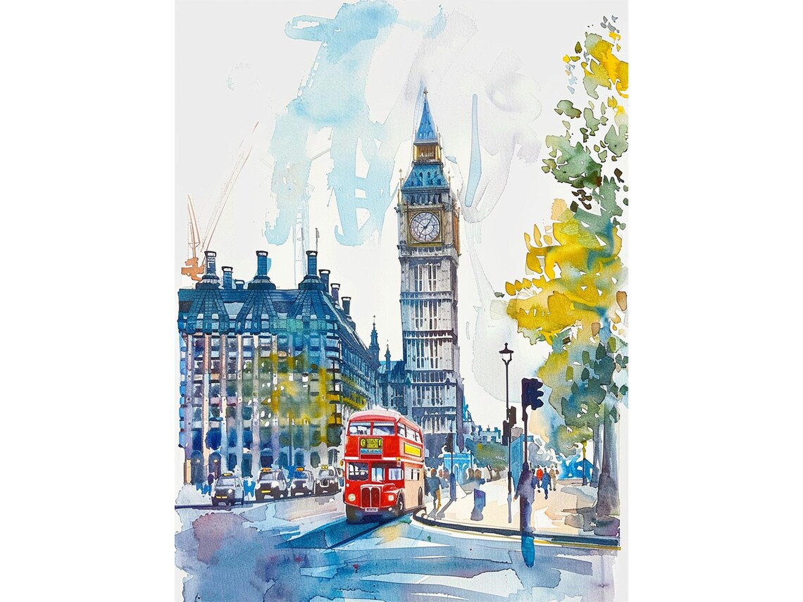 London Big Ben Watercolor Art Print, England Cityscape