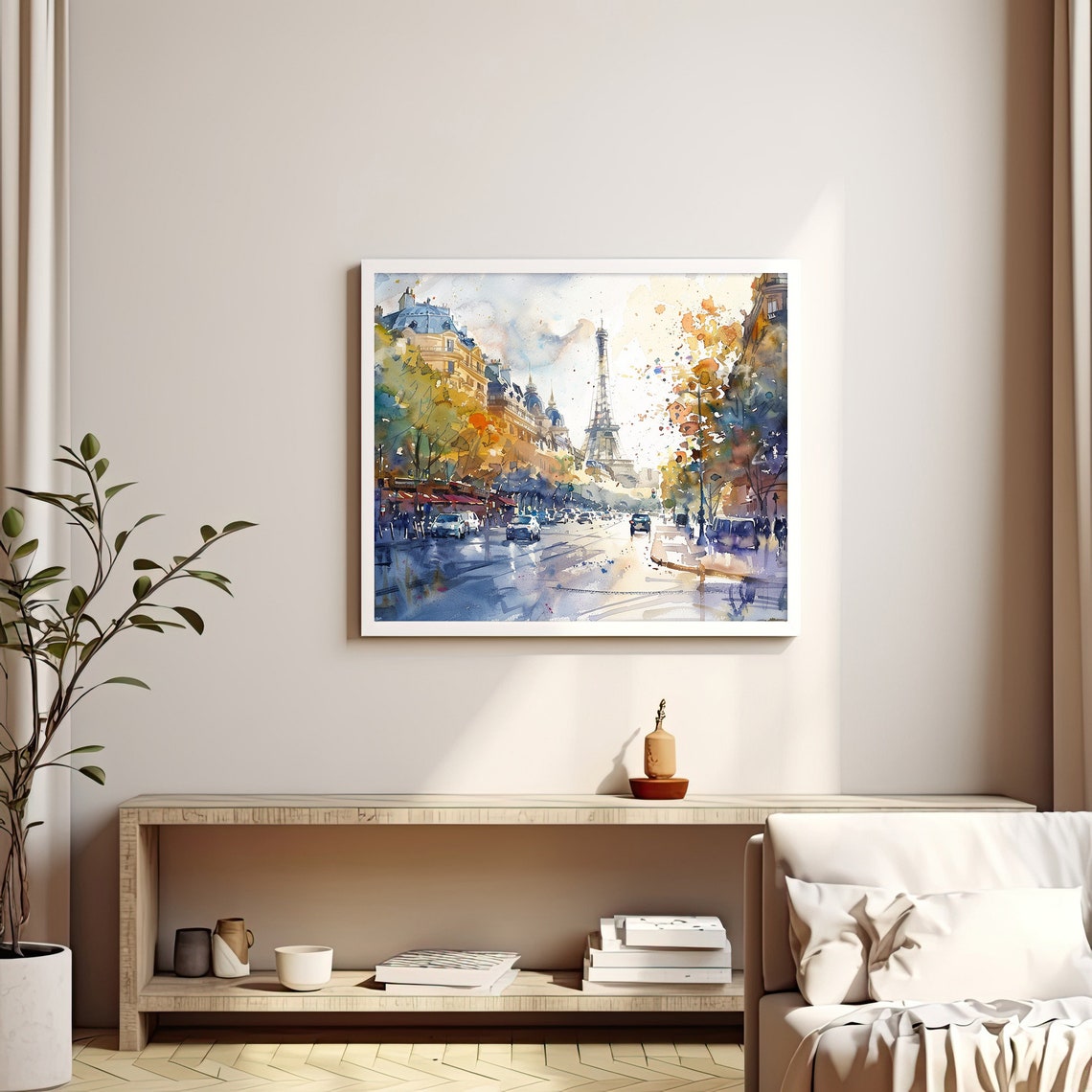 Paris Street With Eiffel Tower Autumn Rain Watercolor Cityscape Poster - Image 3