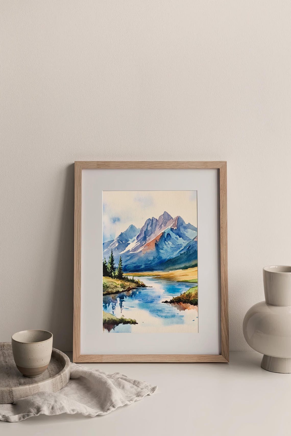 Alpine Mountain Lake Watercolor Blue Peaks River Pines Landscape Print - Image 3