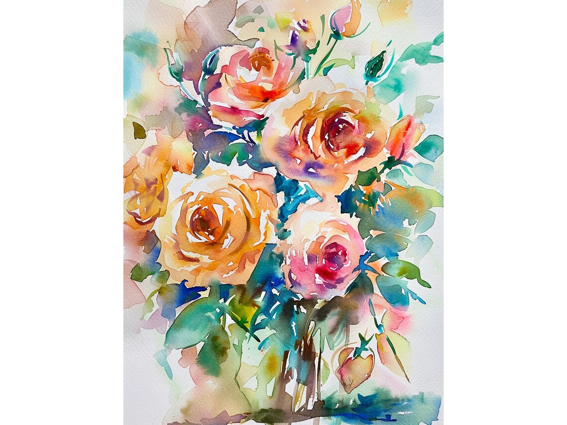 Peach Pink Roses Watercolor Floral Bouquet Romantic Scene Poster