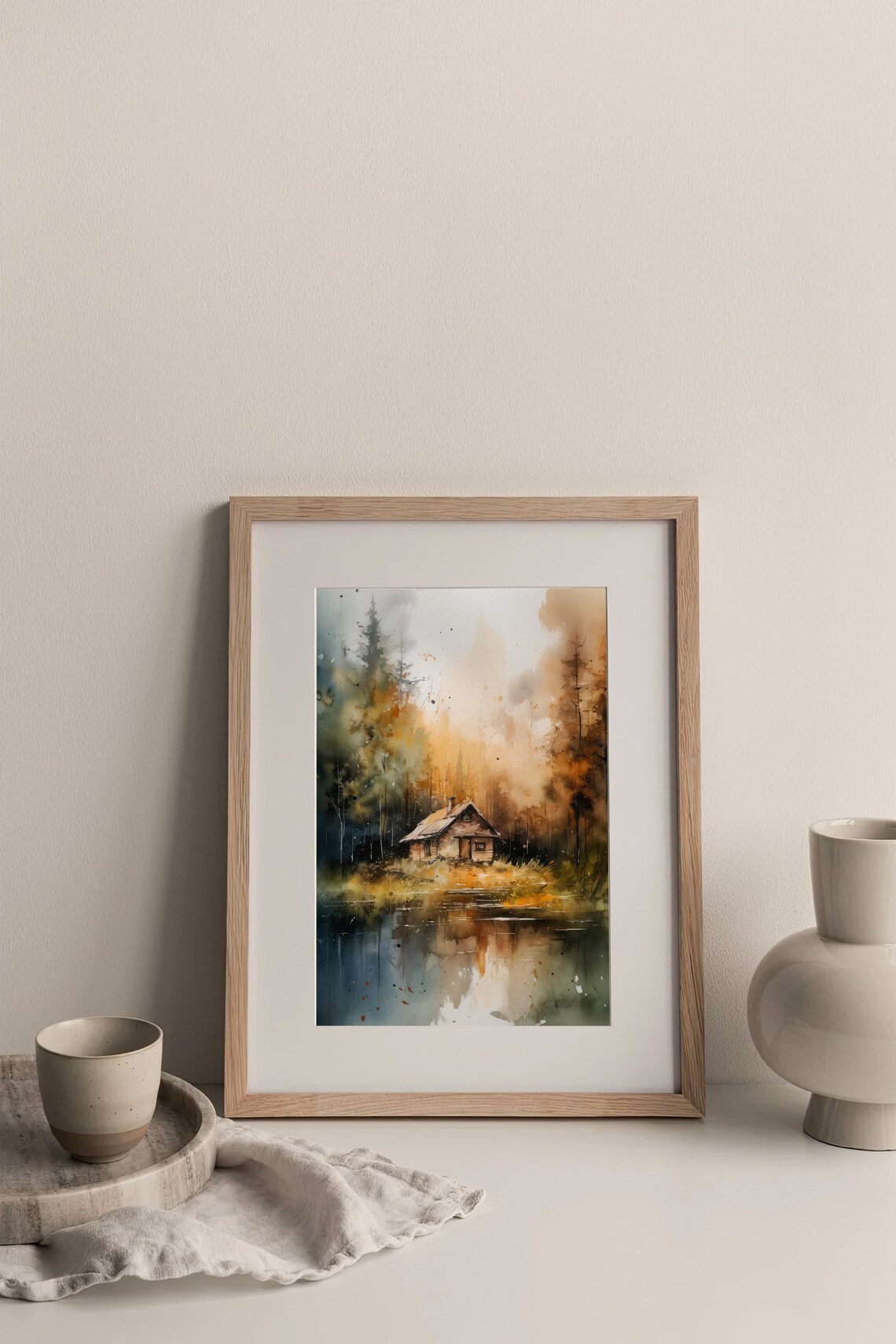 Stunning Foggy Forest Cabin Lakeside Golden Autumn Watercolor Poster - Image 5