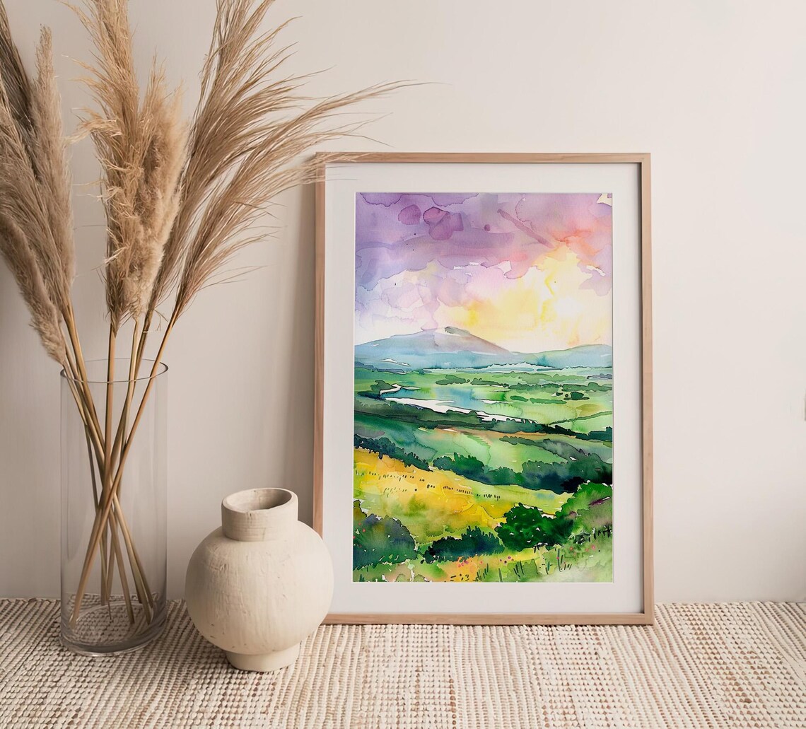 Ireland Rolling Green Mountains Valley Watercolor Landscape Poster - Image 4