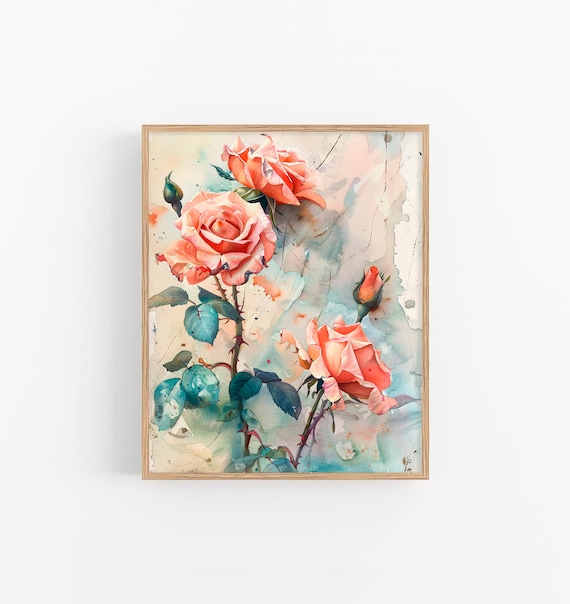 Roses Watercolor Coral Pink Blooms Vintage Botanical Floral Poster
