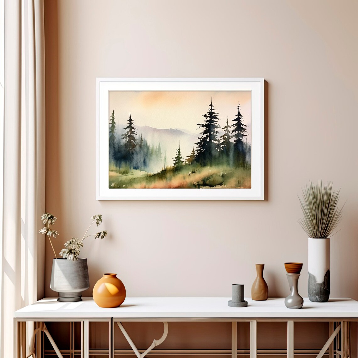 Misty Pine Forest Watercolor Foggy Evergreens Morning Landscape Print - Image 4