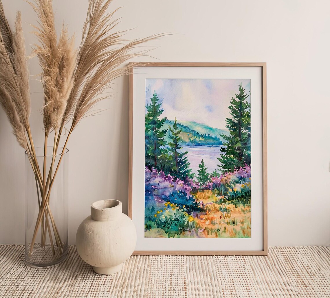 Acadia Landscape Watercolor Art Print, Pine Trees - Image 4