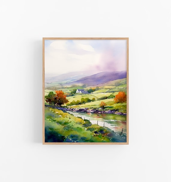 Irish Farm Watercolor Painting Ireland Landscape Art Print Mountain Artwork Rustic Wall Decor