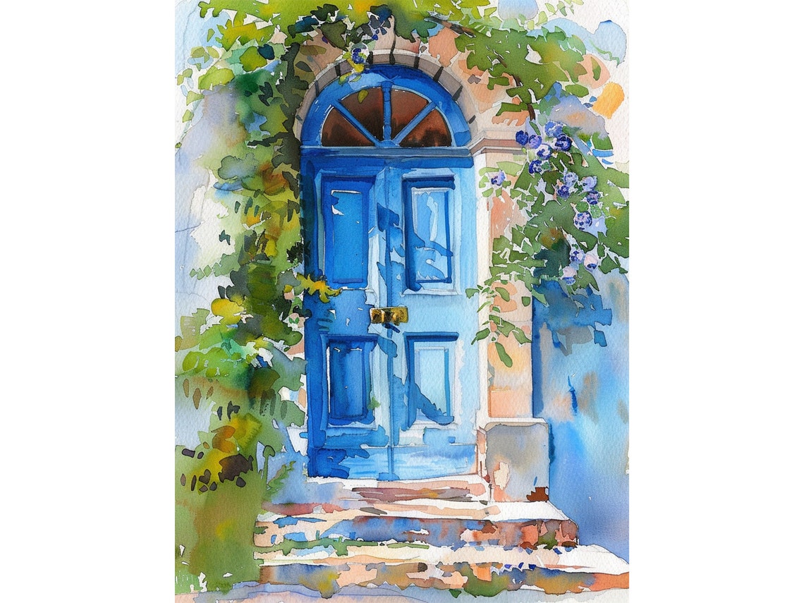 Stunning Charming Blue Door With Flowering Vines Watercolor Poster