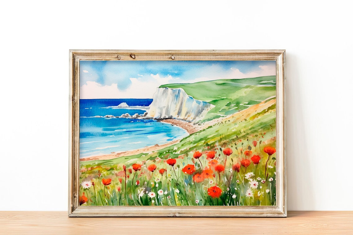 France White Cliffs Seascape Red Poppy Meadow Watercolor Poster