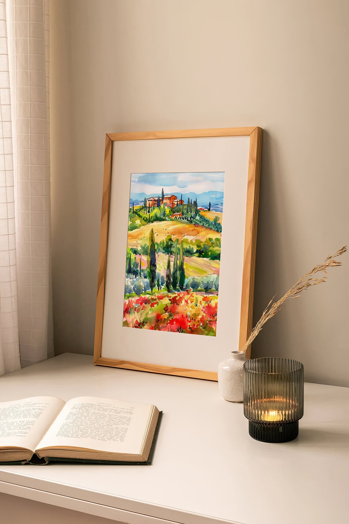 Tuscany Hilltop Villa Red Poppy Field Watercolor Italian Poster - Image 2