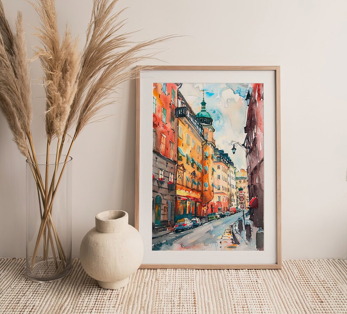 Stockholm Watercolor Painting Sweden Cityscape Watercolor Art Print Stockholm Street Artwork Travel Art Poster By Feelingprints - Image 3