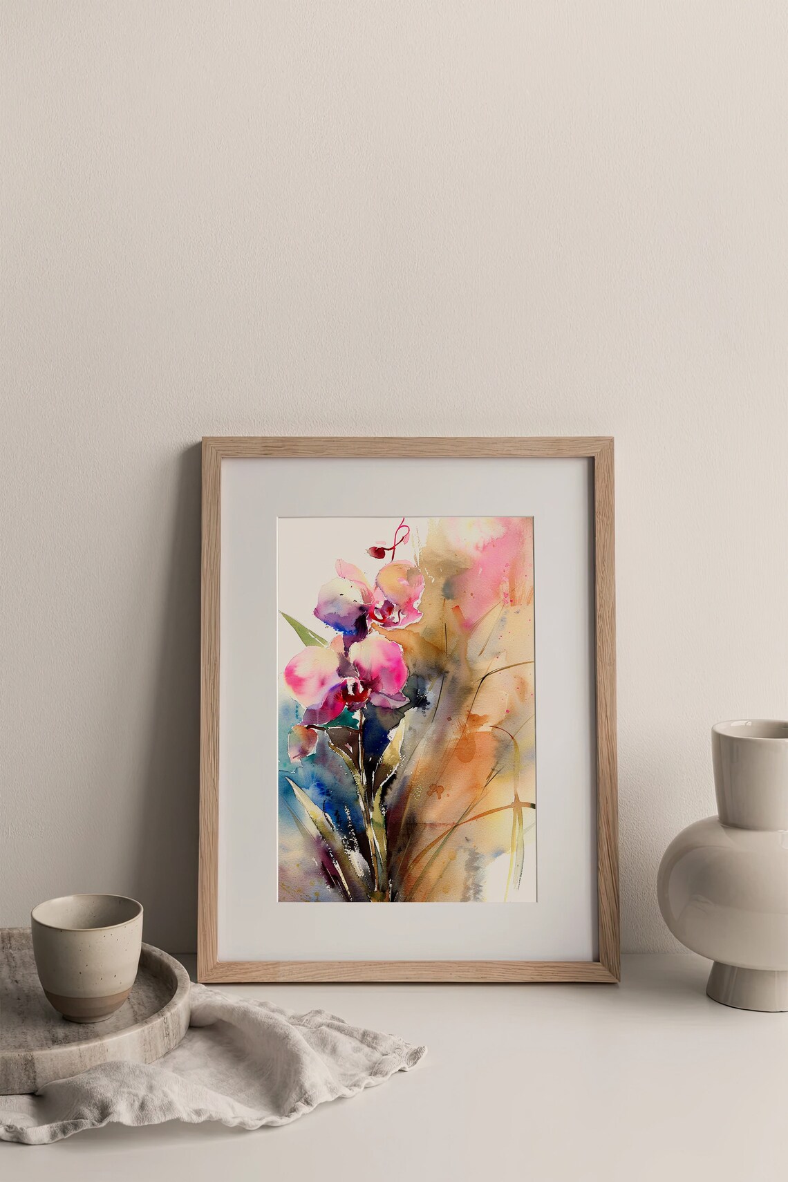Pink Orchid Blossom Loose Japanese Style Floral Watercolor Art Poster - Image 4