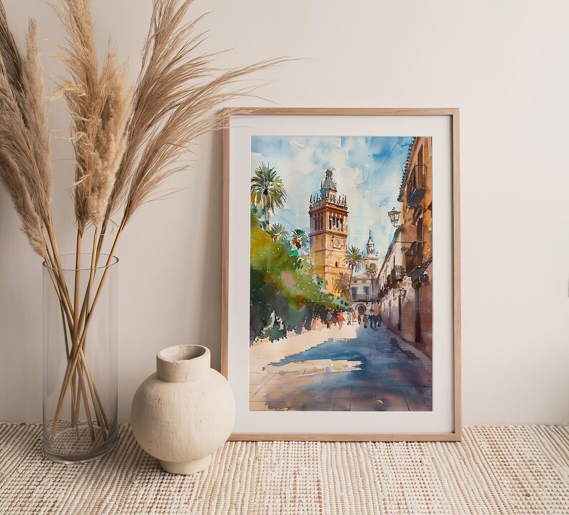 Stunning Seville Spain Giralda Tower Street Scene Watercolor Poster - Image 4