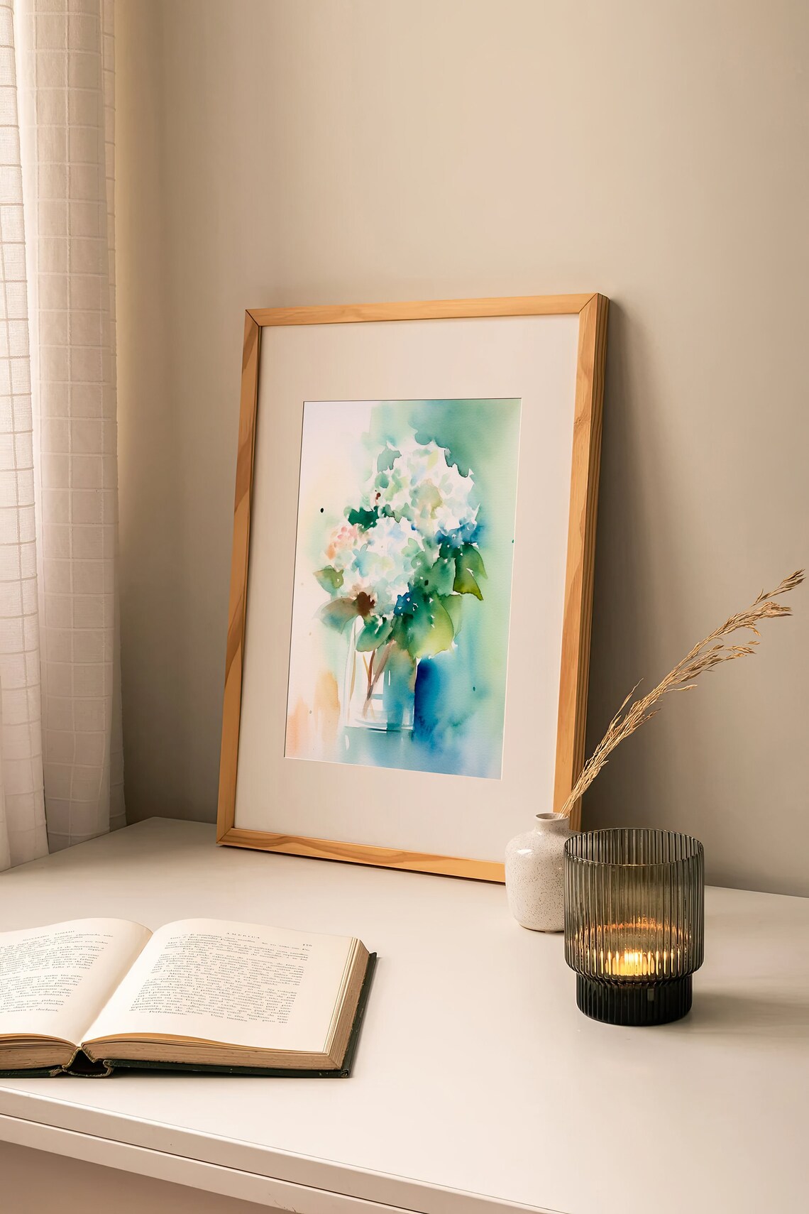 Stunning White Hydrangea Bouquet Glass Vase Watercolor Floral Poster - Image 2