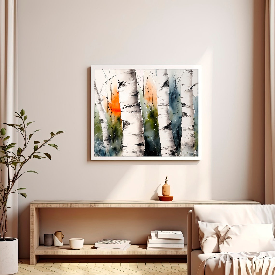 Stunning White Birch Tree Trunks Abstract Forest Watercolor Poster - Image 2