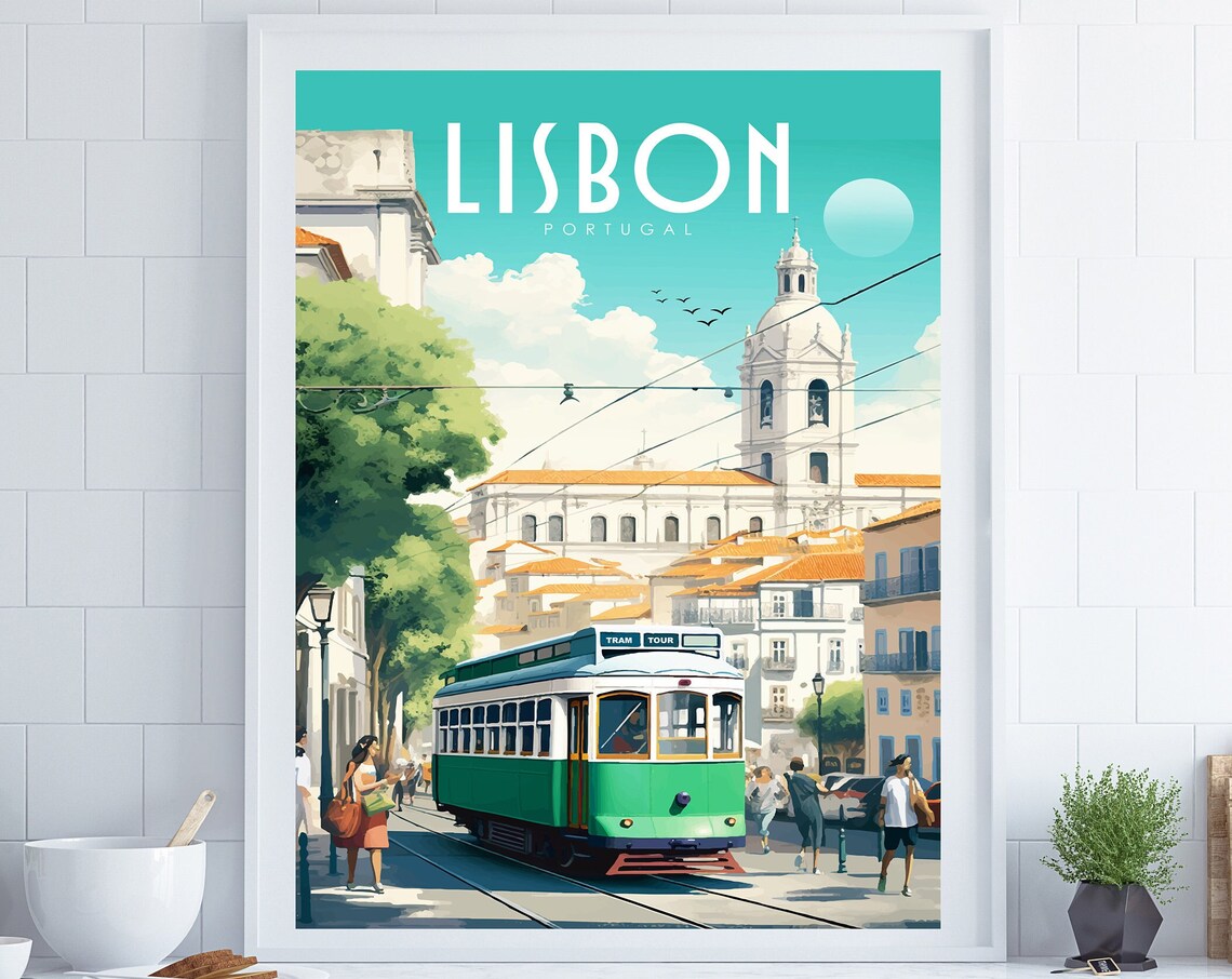 Lisbon Portugal Green Tram Domed Church Street Retro Travel Poster