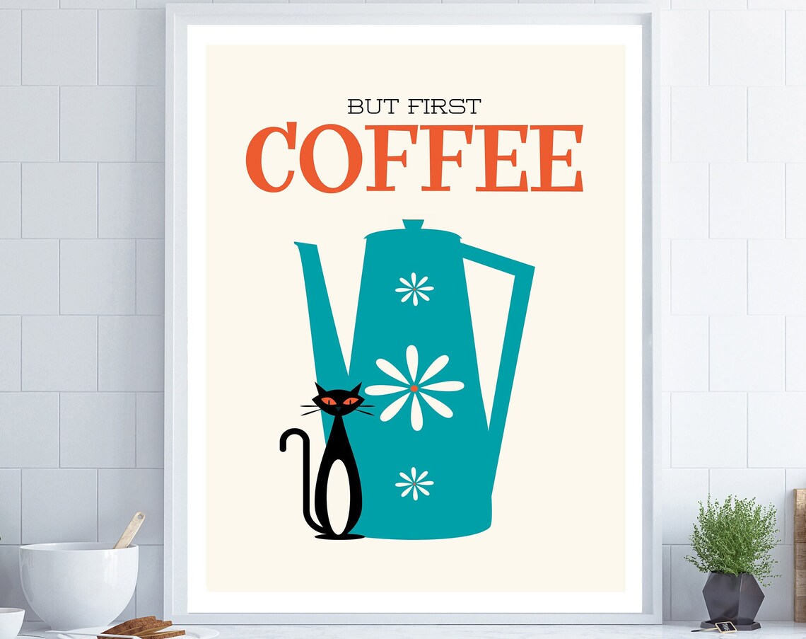 Cat And Coffee Mid-Century Modern Kitchen Art Print