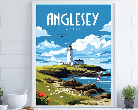 Anglesey Wales Rocky Lighthouse Coastal Vintage Travel Poster