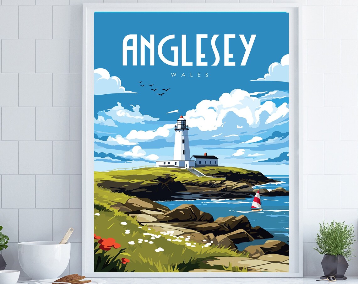 Anglesey Wales Rocky Lighthouse Coastal Vintage Travel Poster
