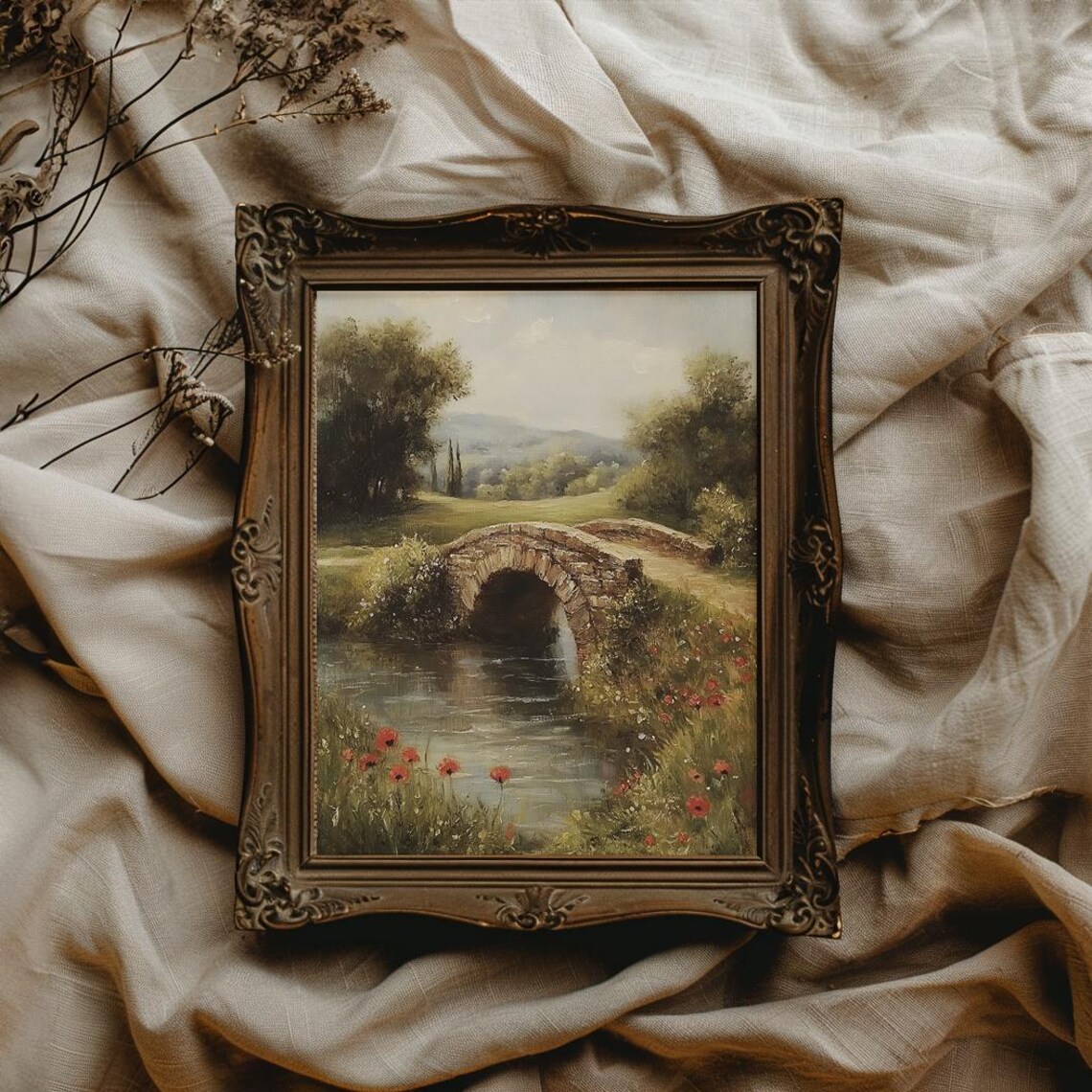 Stone Arch Bridge Over Stream With Red Poppies Country Art Poster - Image 4