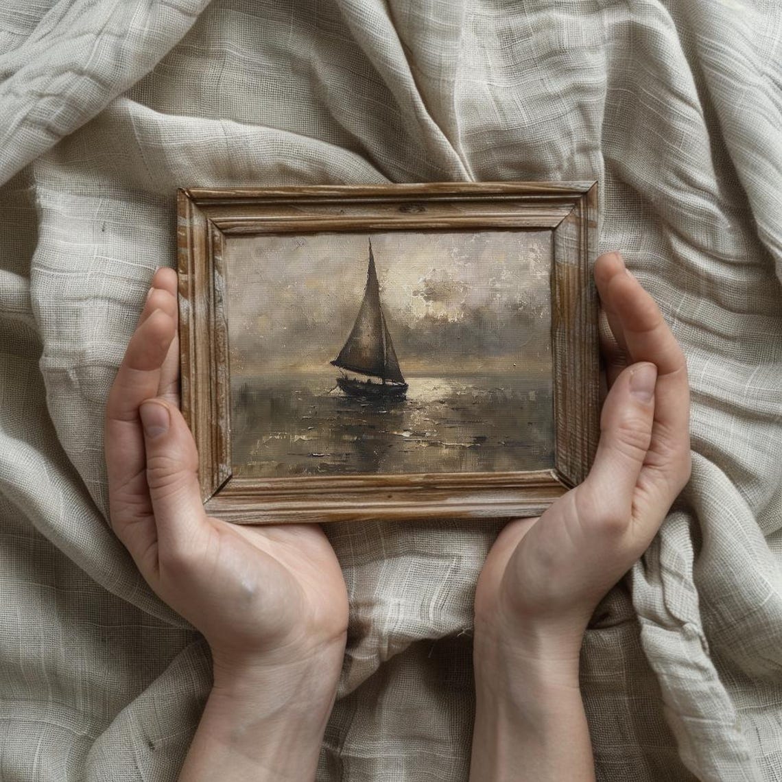 Lone Sailboat On Gray Sea Textured Neutral Coastal Art Poster - Image 4