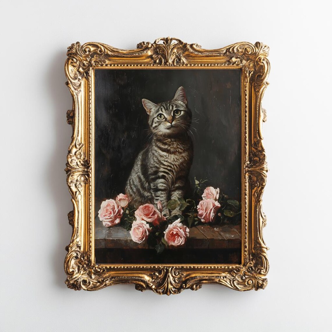 Tabby Cat Among Pink Roses Dark Vintage Cat Painting Art Poster - Image 3