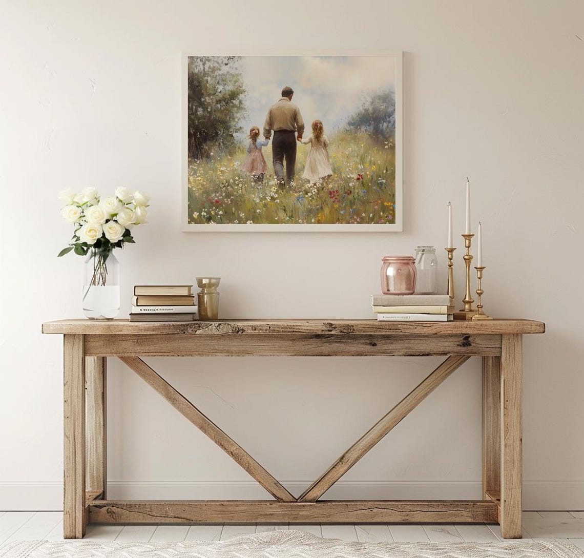 Father Walking Hand in Hand with Two Daughters in Meadow Poster - Image 2