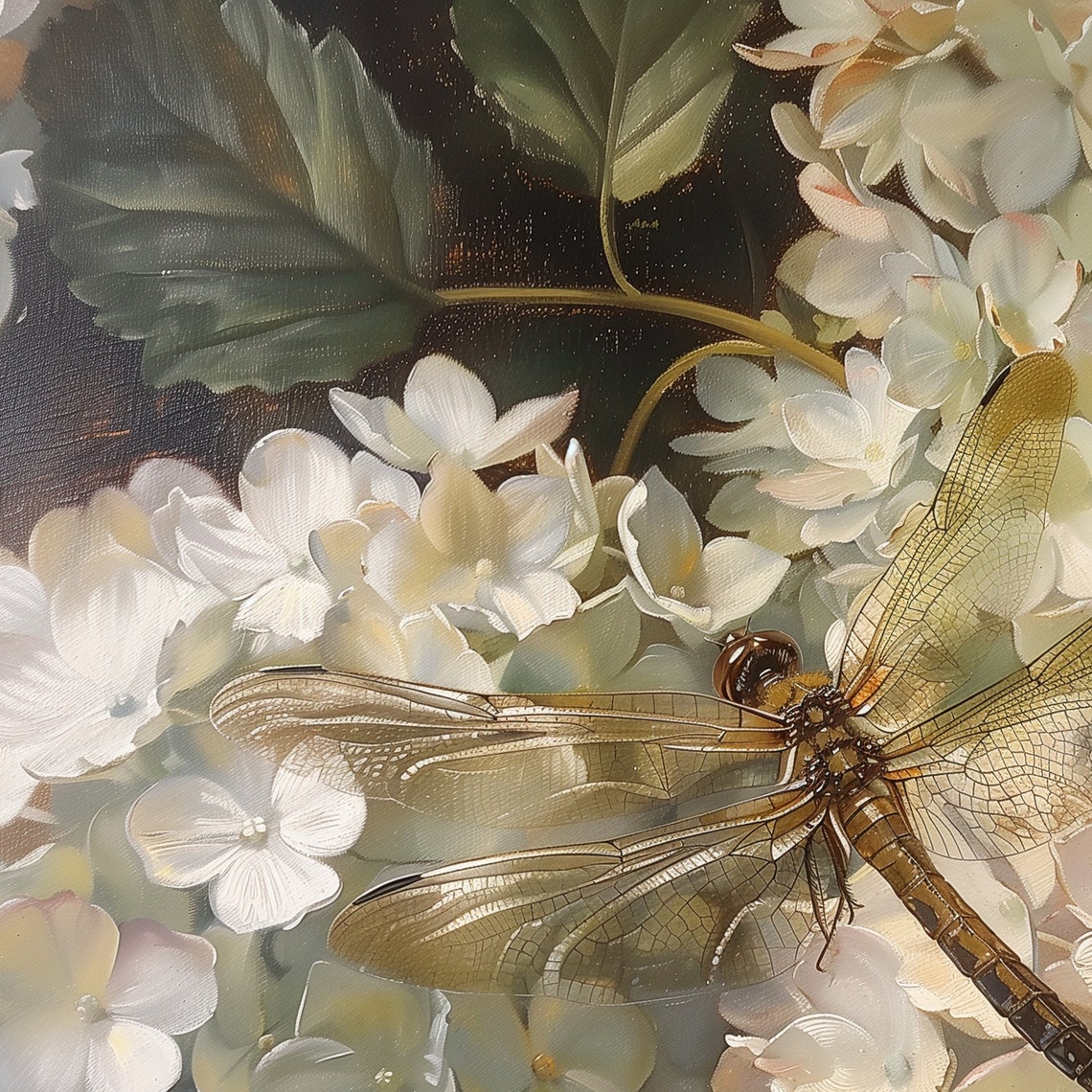 Dragonfly Resting on White Hydrangeas Vintage Botanical Poster - Image 2
