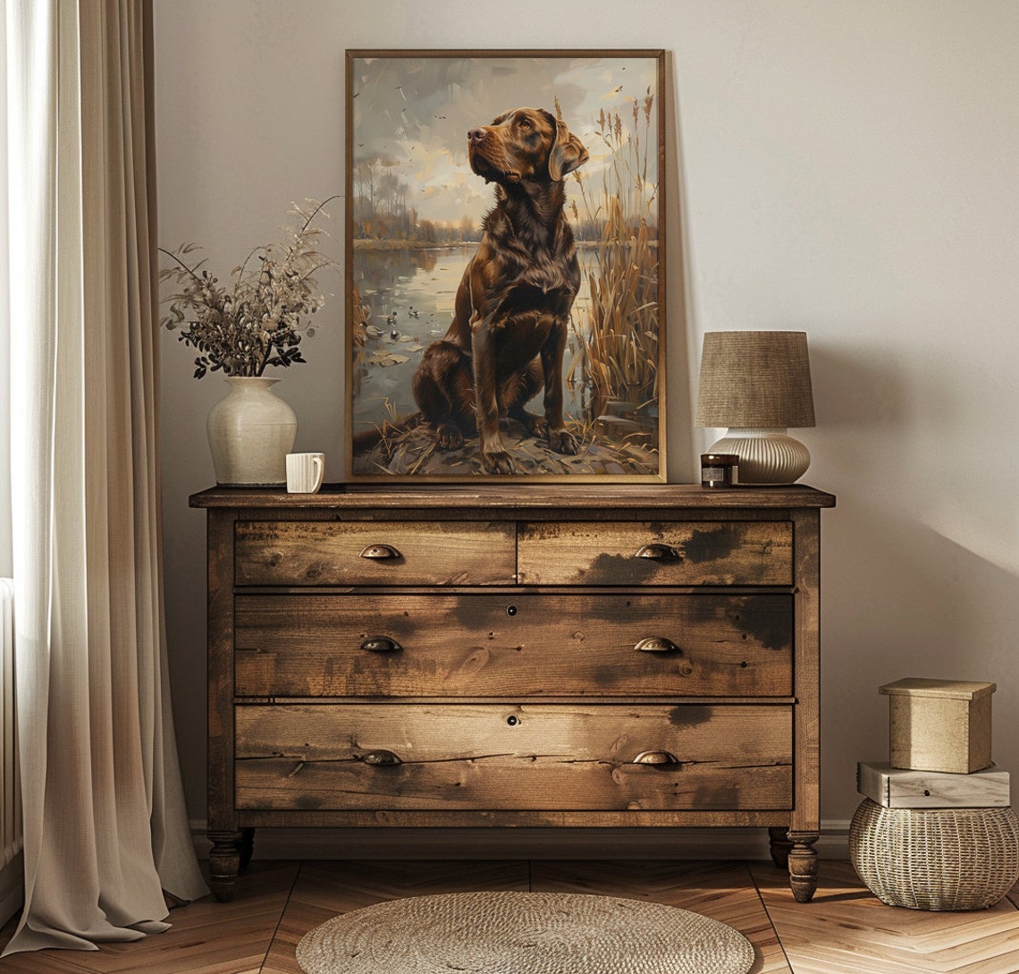 Chocolate Labrador Retriever Sitting by a Lakeside at Sunset Poster - Image 3