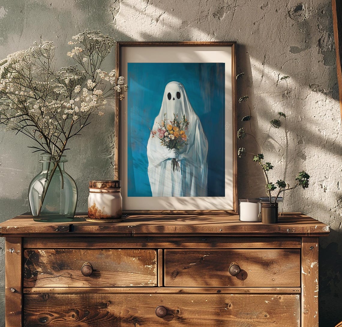 Cute Sheet Ghost Holding Wildflower Bouquet Bright Blue Art Poster - Image 2