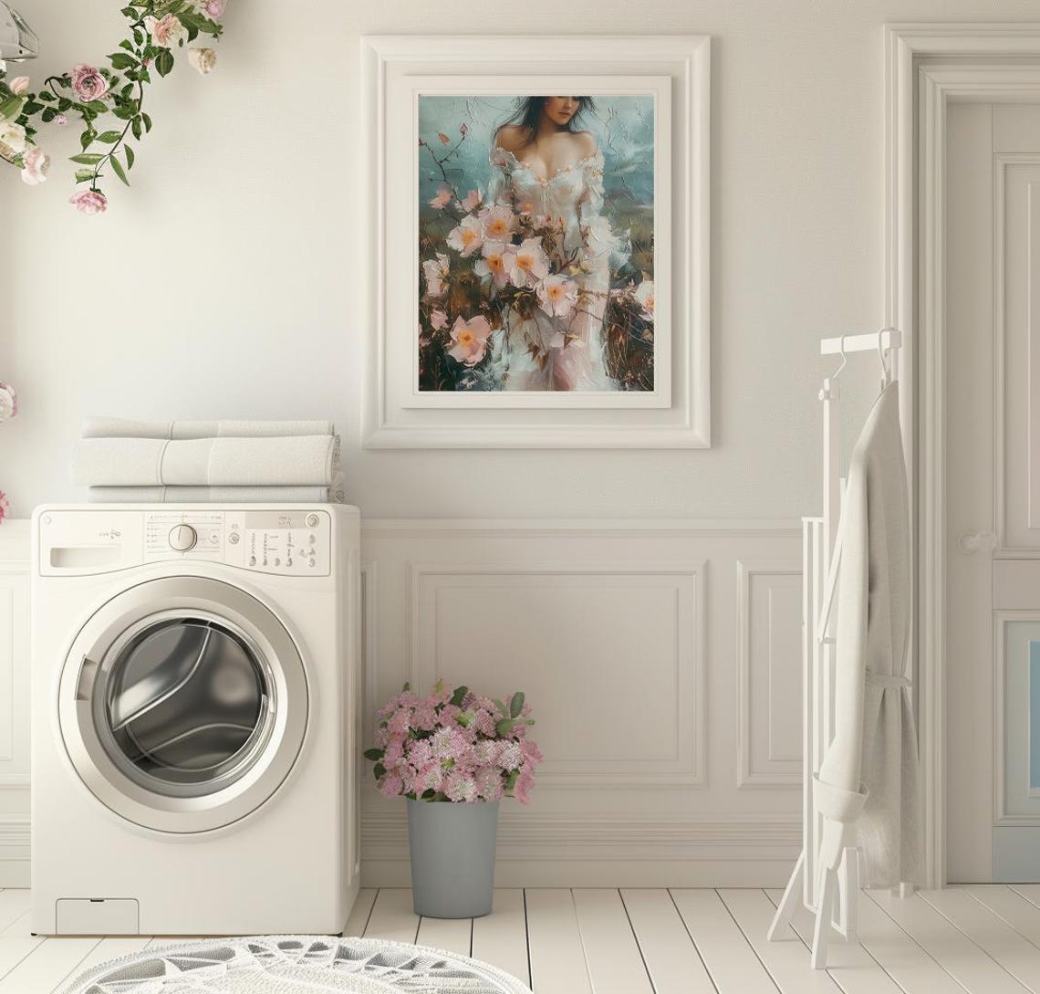 Woman in Flowing White Dress Among Pink Cosmos Blossoms Poster - Image 3