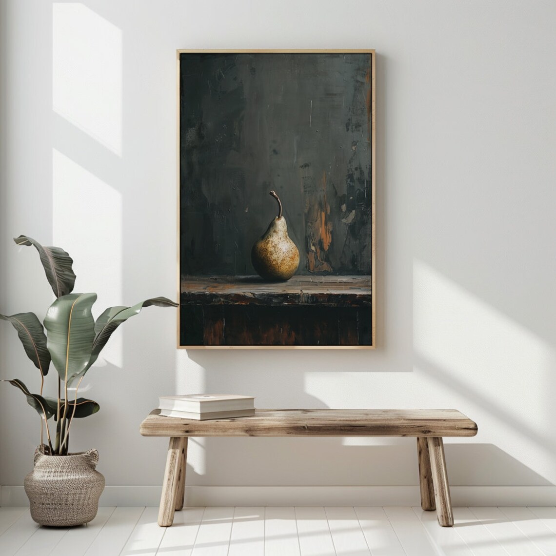 Single Speckled Pear on a Wooden Shelf Dark Moody Still Life Poster - Image 3
