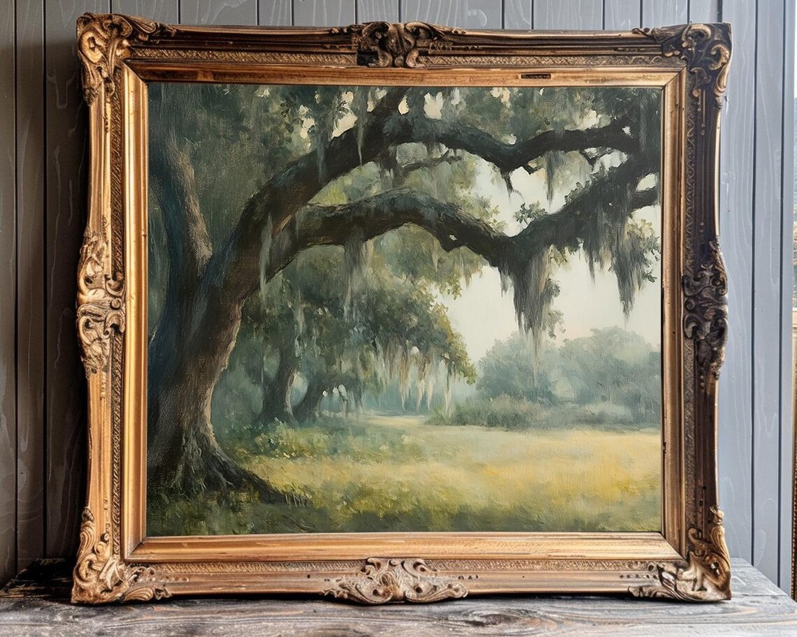 Sunlit Live Oak Meadow with Spanish Moss Vintage Green Poster