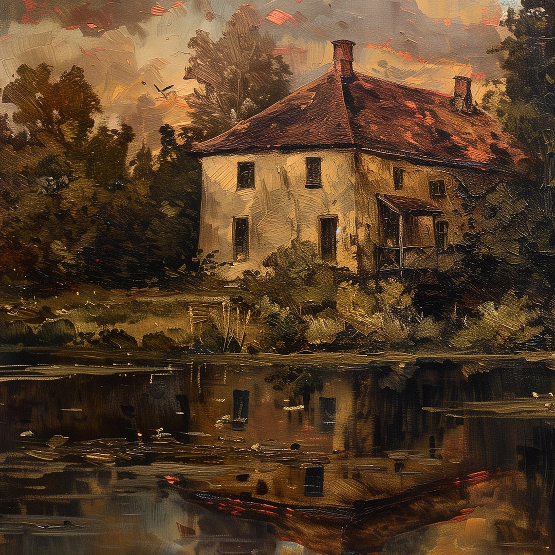 Antique Painting Of An Old Farmhouse By A Pond Plantation Home European Villa Farmhouse Living Room Wall Decor Vintage Farm Prints - Image 2