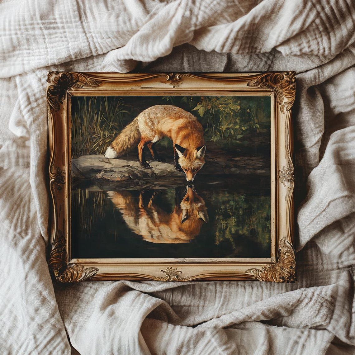 Red Fox Drinking Water With Reflection Vintage Wildlife Scene Poster - Image 3