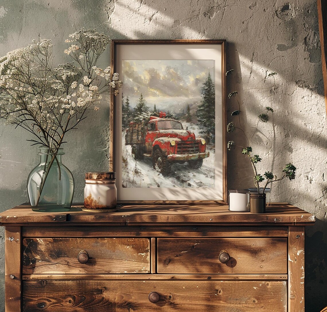 Red Vintage Truck Hauling Christmas Tree Through Snowy Pines Poster - Image 3
