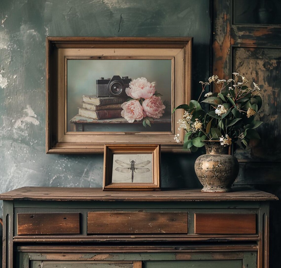 Vintage Film Camera on Old Books with Blush Pink Peonies Poster - Image 2
