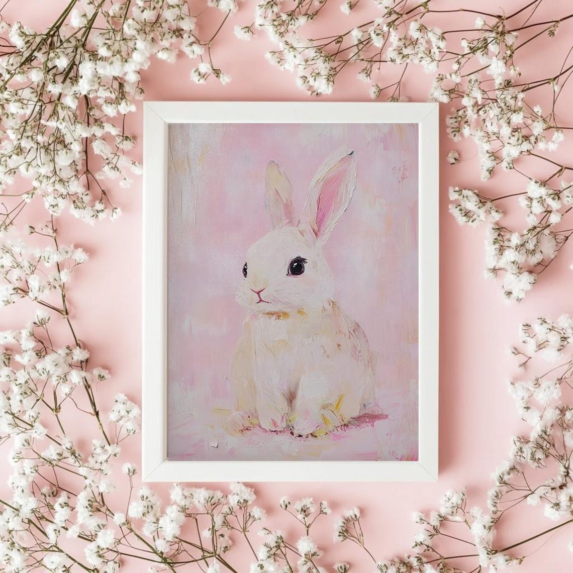 Sweet White Bunny On Pink Background Soft Pastel Art Wall Poster - Image 3