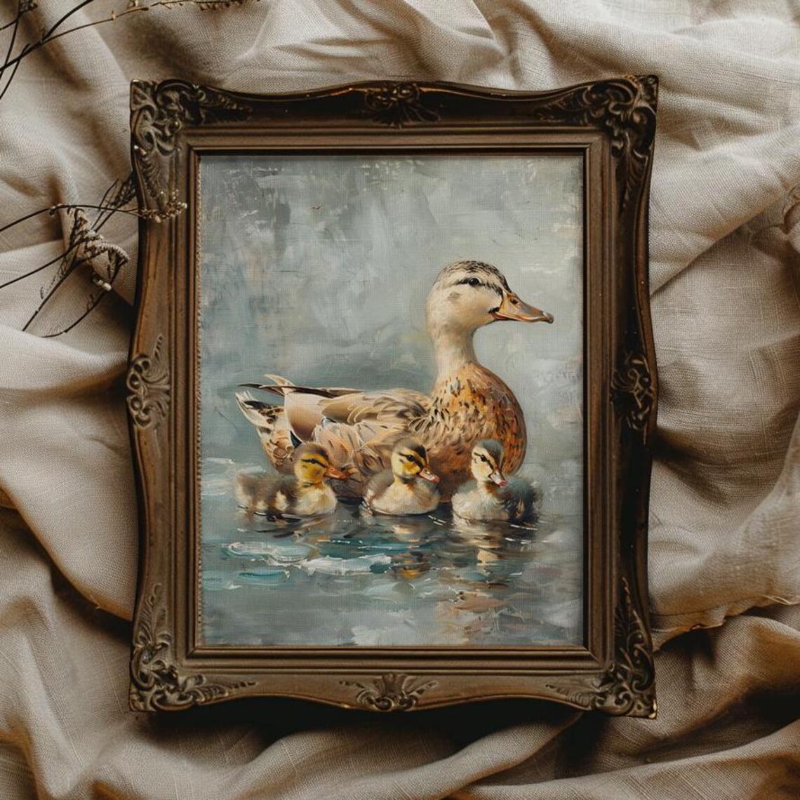 Mother Duck With Three Ducklings On Soft Blue Water Art Poster
