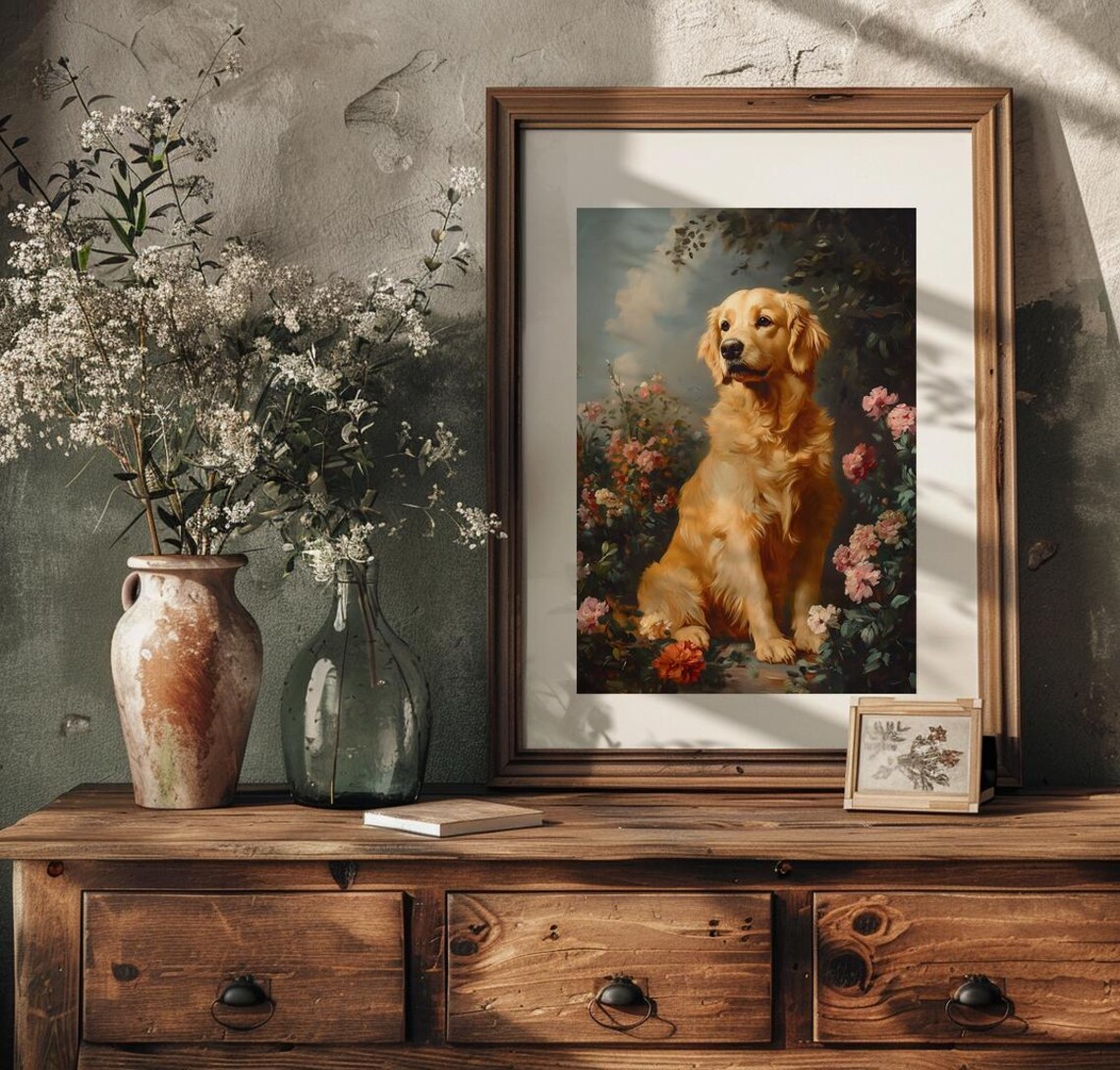 Golden Retriever Among Roses Vintage Floral Dog Portrait Poster - Image 3
