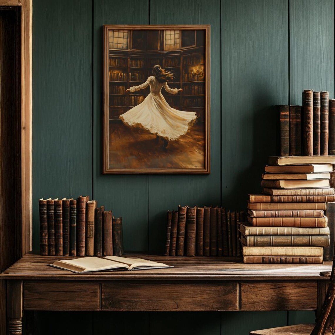 Woman in White Dress Dancing in Grand Candlelit Library Poster - Image 3