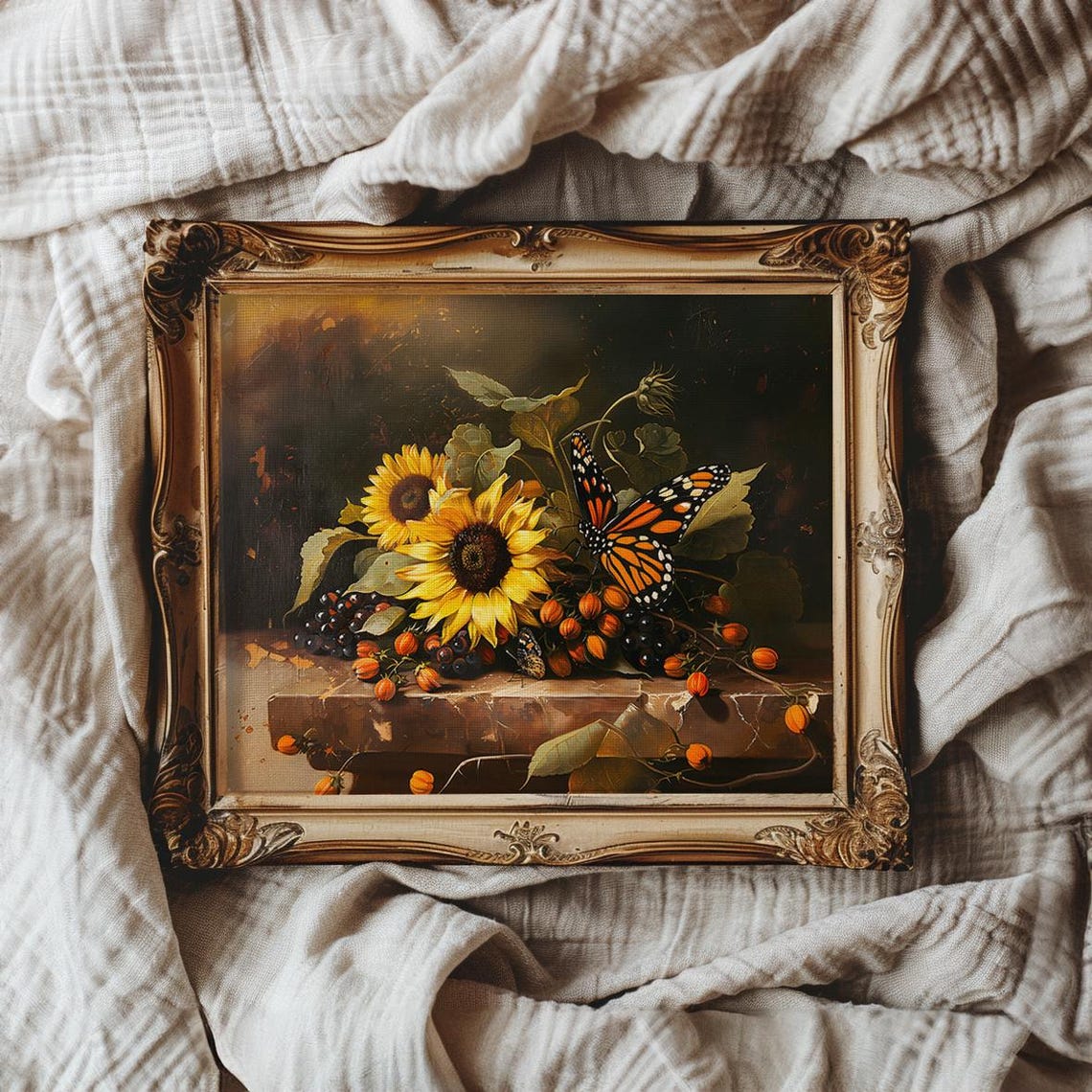 Sunflowers with Monarch Butterfly and Dark Grapes Still Life Poster - Image 2