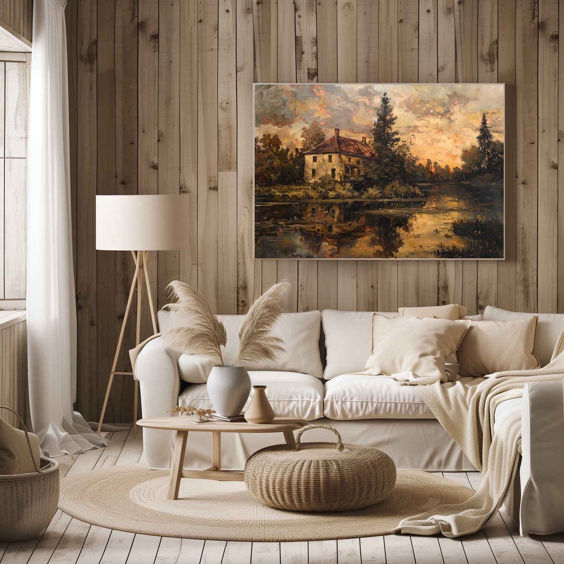 Antique Painting Of An Old Farmhouse By A Pond Plantation Home European Villa Farmhouse Living Room Wall Decor Vintage Farm Prints - Image 3