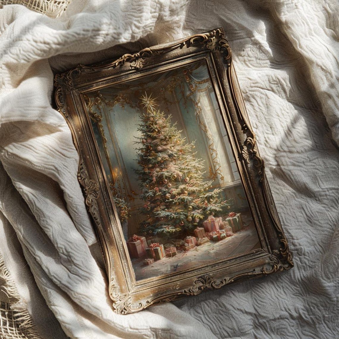 Pink and Gold Christmas Tree in Elegant Parlor Holiday Art Poster - Image 2