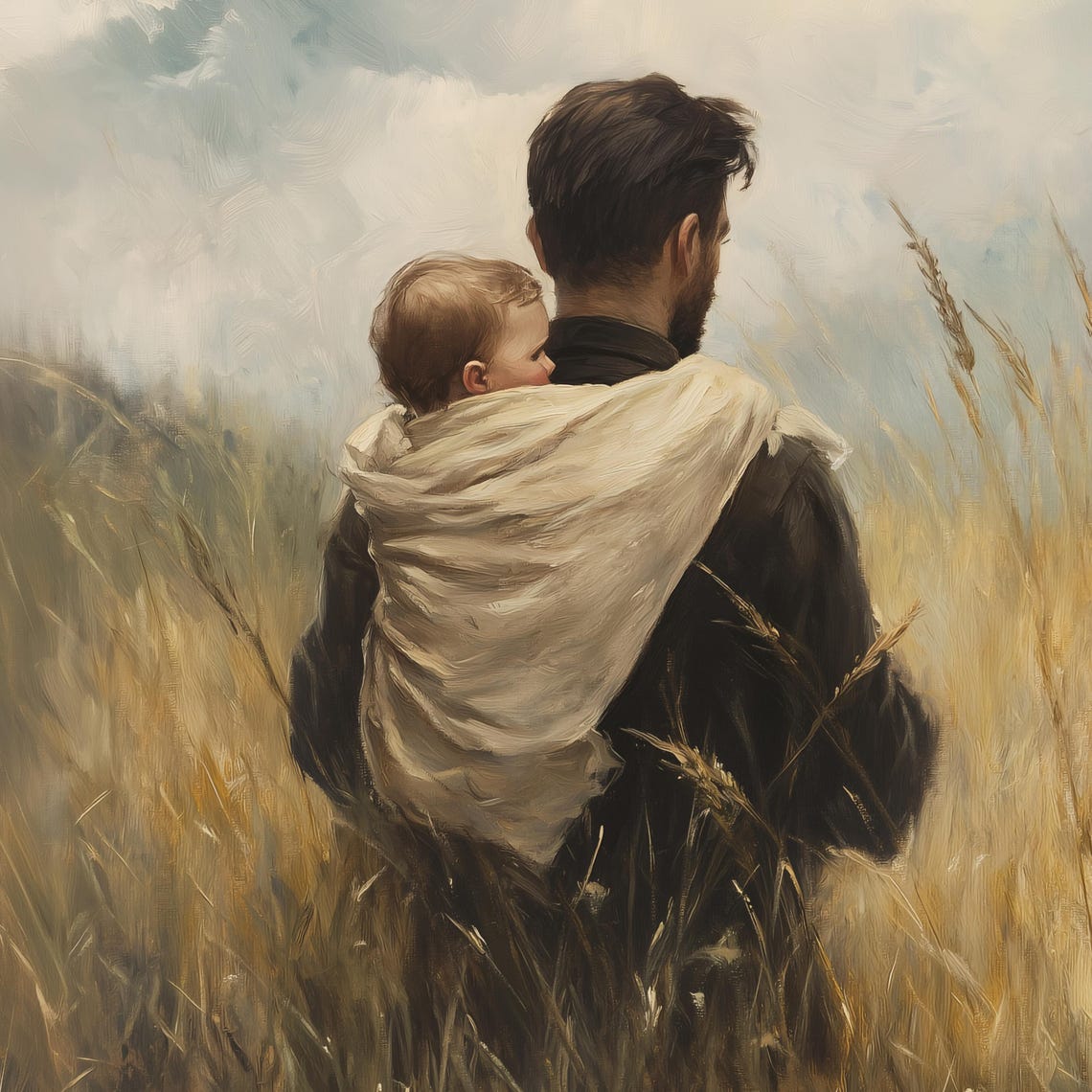Father Carrying Child on His Back Through a Golden Wheat Field Poster - Image 2