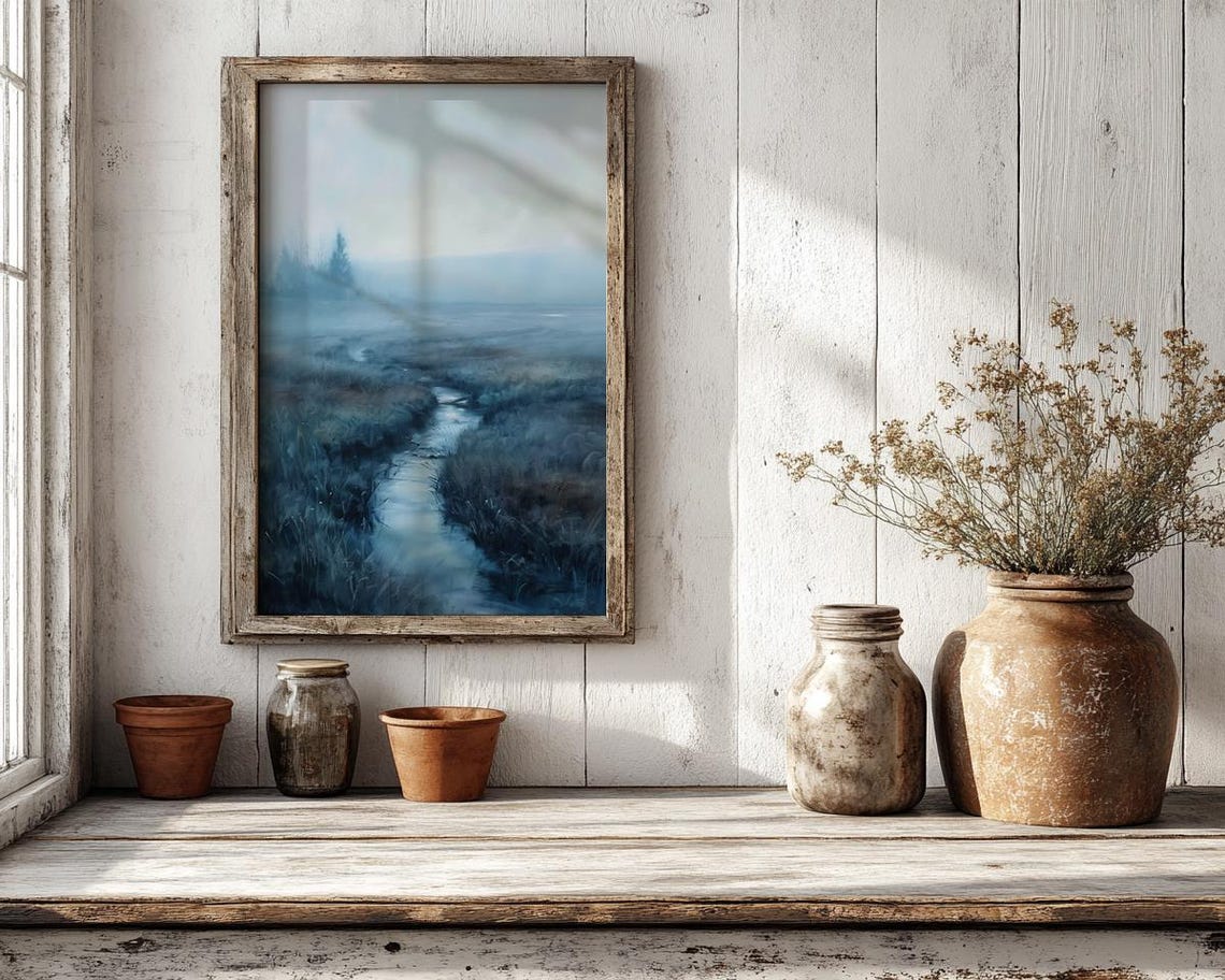 Serene Misty Blue Marsh with a Winding Creek Minimalist Poster - Image 2