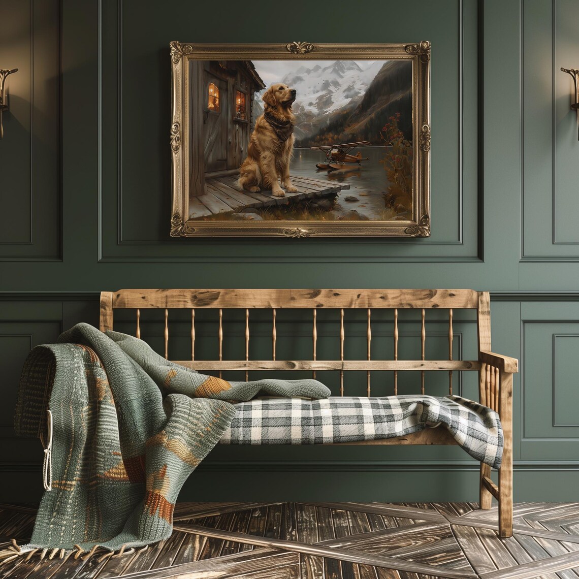 Golden Retriever On Cabin Porch Beside Floatplane Mountain Poster - Image 3