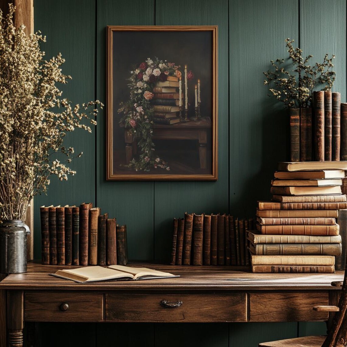 Stacked Vintage Books with Cascading Roses and Lit Candles Poster - Image 4