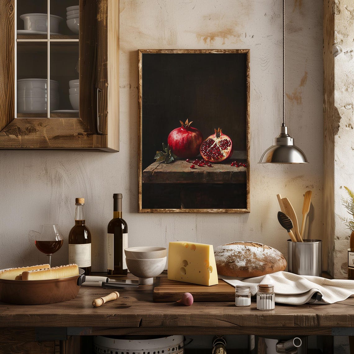 Cut Pomegranate On Rustic Table Dark Kitchen Still Life Poster - Image 2
