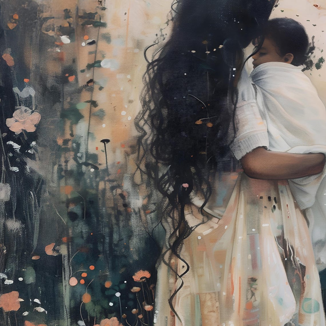 Dark Haired Mother Embracing Child In Wildflower Field At Dusk Print - Image 2